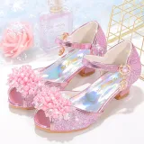 Kids Girl Fish Mouth Sequins Crystal Pearls Princess High Heel Dress Shoes