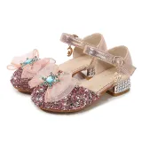 Kids Girl Sequins Catwalk Bow Tie Jewelry Princess High Heel Dress Shoes