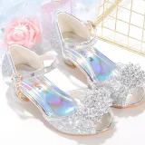 Kids Girl Fish Mouth Sequins Crystal Pearls Princess High Heel Dress Shoes