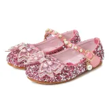 Kids Girl Sequins Catwalk Bow Tie Pearl Flat Princess Dress Shoes