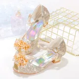 Kids Girl Fish Mouth Sequins Crystal Pearls Princess High Heel Dress Shoes