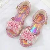 Kids Girl Glitter Crystal Pearls Open-Toe Flat Princess Dress Shoes