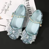 Kids Girl Sequins Catwalk Bow Tie Pearl Flat Princess Dress Shoes