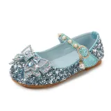 Kids Girl Sequins Catwalk Bow Tie Pearl Flat Princess Dress Shoes