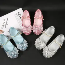 Kids Girl Sequins Catwalk Bow Tie Pearl Flat Princess Dress Shoes