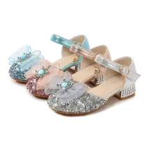 Kids Girl Sequins Catwalk Bow Tie Jewelry Princess High Heel Dress Shoes