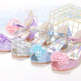 Kids Girl Fish Mouth Sequins Crystal Pearls Princess High Heel Dress Shoes