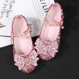 Kids Girl Sequins Catwalk Bow Tie Pearl Flat Princess Dress Shoes