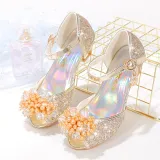 Kids Girl Fish Mouth Sequins Crystal Pearls Princess High Heel Dress Shoes