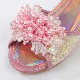 Kids Girl Glitter Crystal Pearls Open-Toe Flat Princess Dress Shoes