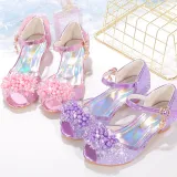 Kids Girl Fish Mouth Sequins Crystal Pearls Princess High Heel Dress Shoes