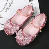 Kids Girl Sequins Catwalk Bow Tie Pearl Flat Princess Dress Shoes