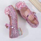 Kids Girl Glitter Crystal Pearls Jewelry High Heel Princess Dress Shoes