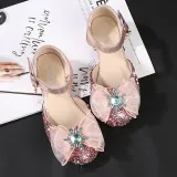 Kids Girl Sequins Catwalk Bow Tie Jewelry Princess High Heel Dress Shoes