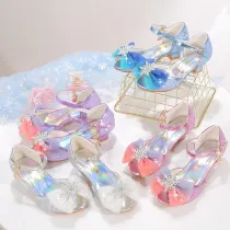 Kids Girl Sequins Catwalk Ombre Bow Tie Shining Princess High Heel  Dress Shoes
