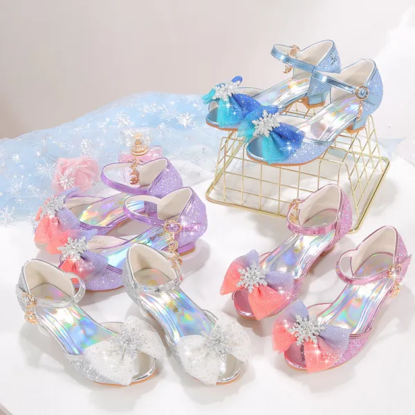 Kids Girl Sequins Catwalk Ombre Bow Tie Shining Princess High Heel  Dress Shoes