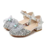 Kids Girl Sequins Catwalk Bow Tie Jewelry Princess High Heel Dress Shoes