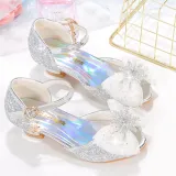 Kids Girl Sequins Catwalk Ombre Bow Tie Shining Princess High Heel  Dress Shoes