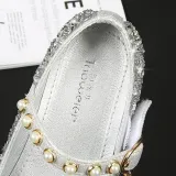 Kids Girl Sequins Catwalk Bow Tie Pearl Flat Princess Dress Shoes