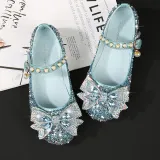 Kids Girl Sequins Catwalk Bow Tie Pearl Flat Princess Dress Shoes