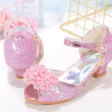 Kids Girl Fish Mouth Sequins Crystal Pearls Princess High Heel Dress Shoes
