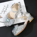 Kids Girl Sequins Catwalk Bow Tie Jewelry Princess High Heel Dress Shoes