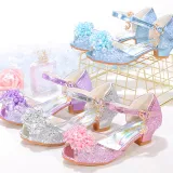 Kids Girl Fish Mouth Sequins Crystal Pearls Princess High Heel Dress Shoes