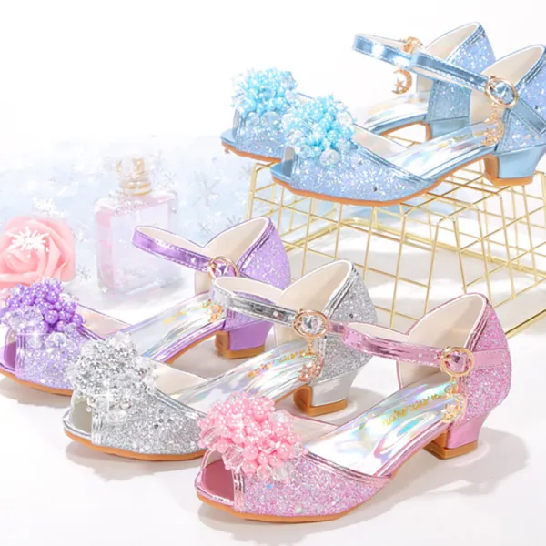 Kids Girl Fish Mouth Sequins Crystal Pearls Princess High Heel Dress Shoes