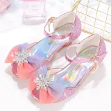 Kids Girl Sequins Catwalk Ombre Bow Tie Shining Princess High Heel  Dress Shoes