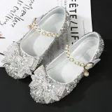 Kids Girl Sequins Catwalk Bow Tie Pearl Flat Princess Dress Shoes