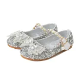 Kids Girl Sequins Catwalk Bow Tie Pearl Flat Princess Dress Shoes