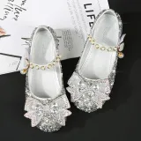 Kids Girl Sequins Catwalk Bow Tie Pearl Flat Princess Dress Shoes