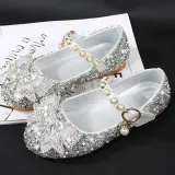 Kids Girl Sequins Catwalk Bow Tie Pearl Flat Princess Dress Shoes