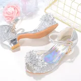 Kids Girl Fish Mouth Sequins Crystal Pearls Princess High Heel Dress Shoes