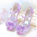 Kids Girl Fish Mouth Sequins Crystal Pearls Princess High Heel Dress Shoes