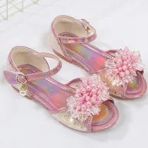 Kids Girl Glitter Crystal Pearls Open-Toe Flat Princess Dress Shoes