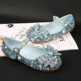 Kids Girl Sequins Catwalk Bow Tie Pearl Flat Princess Dress Shoes