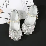 Kids Girl Sequins Catwalk Bow Tie Pearl Flat Princess Dress Shoes