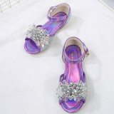 Kids Girl Glitter Crystal Pearls Open-Toe Flat Princess Dress Shoes