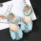 Kids Girl Sequins Catwalk Bow Tie Jewelry Princess High Heel Dress Shoes
