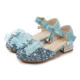 Kids Girl Sequins Catwalk Bow Tie Jewelry Princess High Heel Dress Shoes