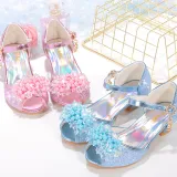 Kids Girl Fish Mouth Sequins Crystal Pearls Princess High Heel Dress Shoes