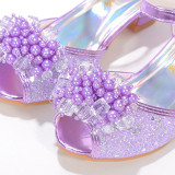 Kids Girl Fish Mouth Sequins Crystal Pearls Princess High Heel Dress Shoes
