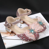 Kids Girl Sequins Catwalk Bow Tie Jewelry Princess High Heel Dress Shoes