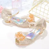 Kids Girl Fish Mouth Sequins Crystal Pearls Princess High Heel Dress Shoes