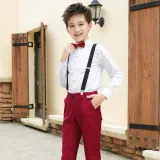 4PCS Boys Outfit Blue Long Sleeve Shirts and Suspender Pants Dress Up