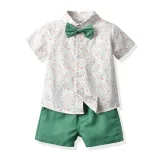 2PCS Boys Outfit Short Sleeve Shirts and Suspender Shorts with Tie