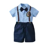4PCS Boys Outfit Short Sleeve Shirt with Bow Tie and Suspender Shorts Dress Up