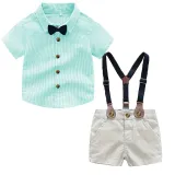 4PCS Boys Outfit Short Sleeve Shirt and Beige Suspender Shorts Dress Up