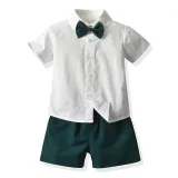 2PCS Boys Outfit Short Sleeve Shirt and Suspender Shorts Dress Up